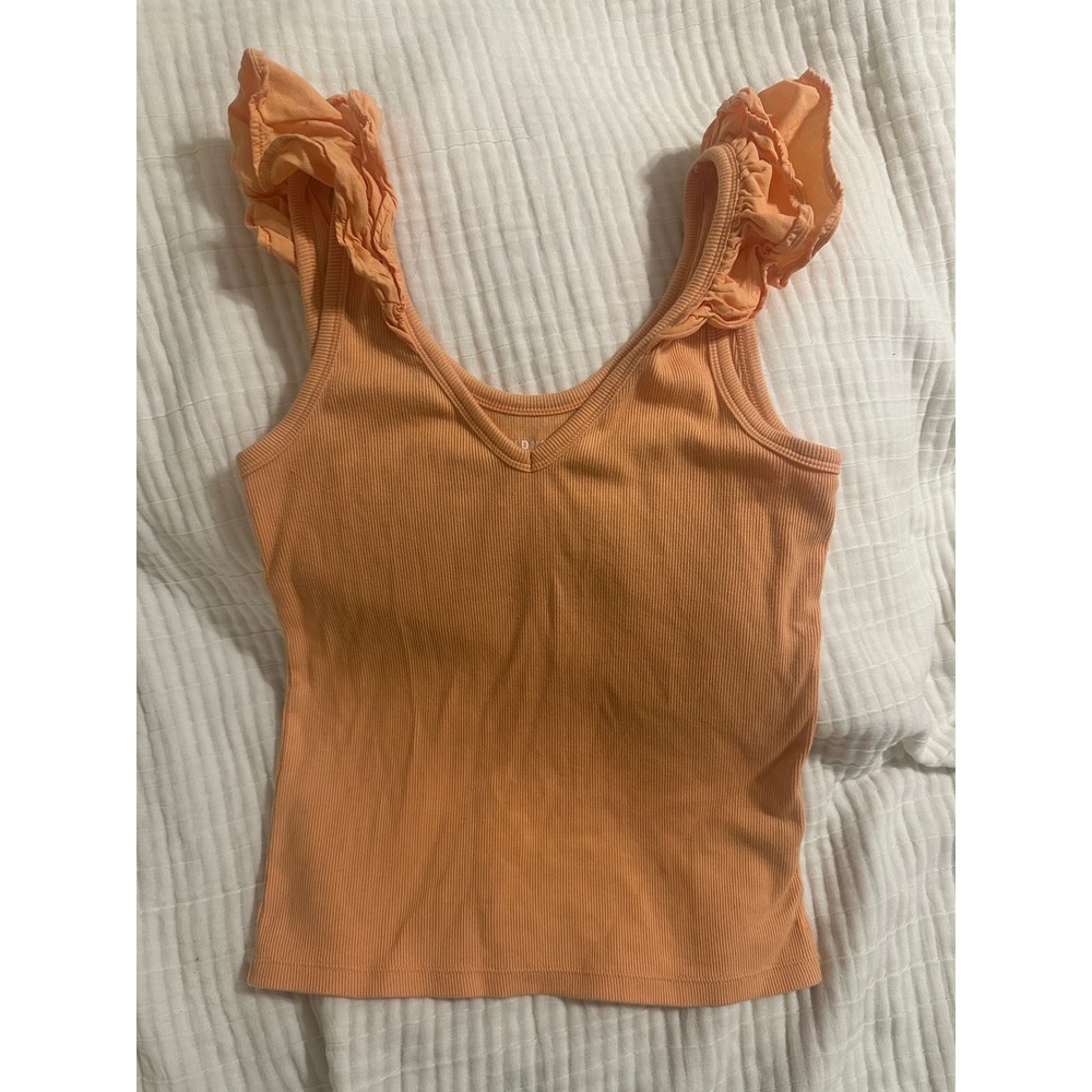 Old Navy Womens Peach Orange Ribbed Ruffle Shoulder V-Neck Tank Top Small